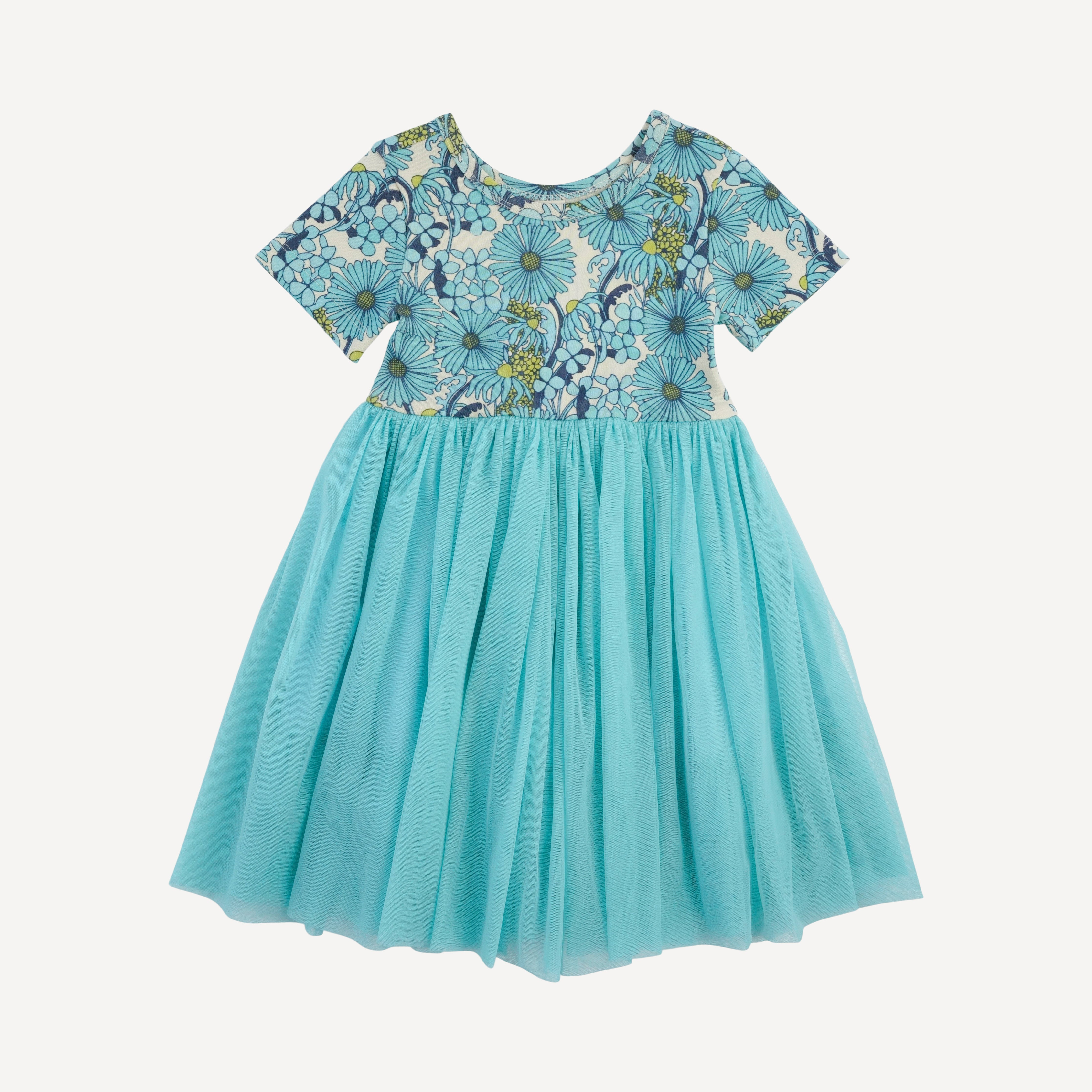 short sleeve ballerina tulle dress | aqua 70s daisy | organic cotton interlock