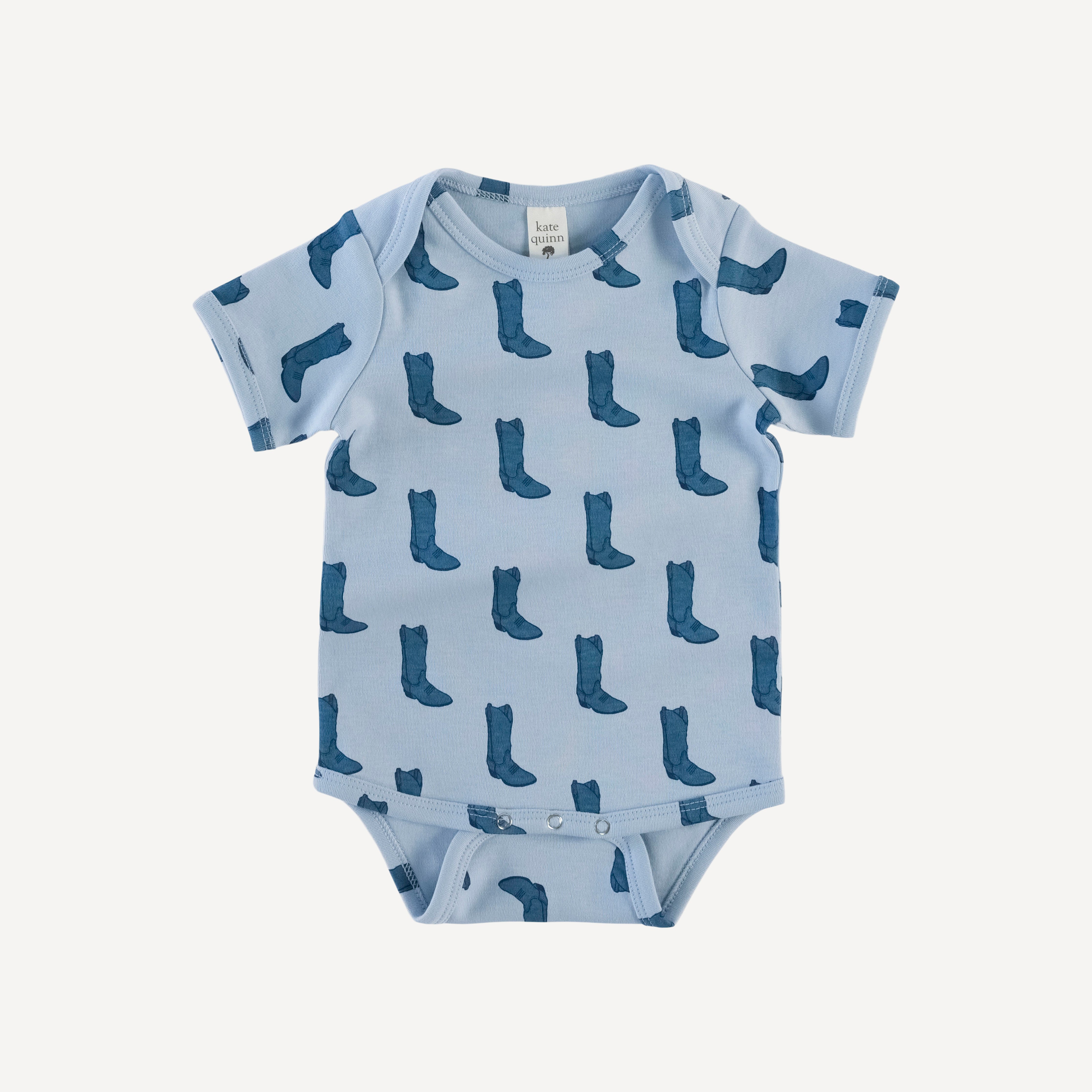 short sleeve lap neck bodysuit | blue cowboy boot | organic cotton interlock