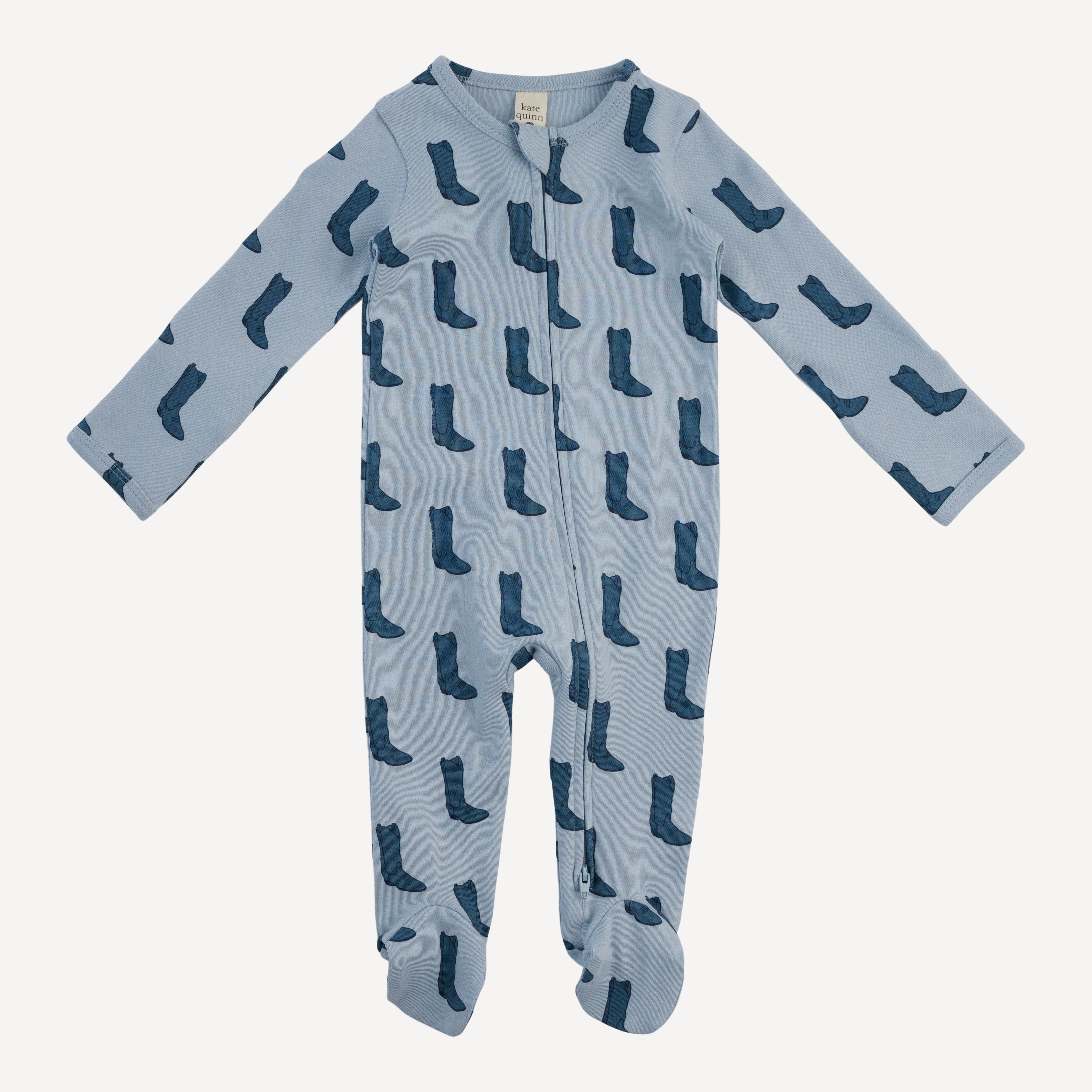 long sleeve two way zipper footie | blue cowboy boot | organic cotton interlock