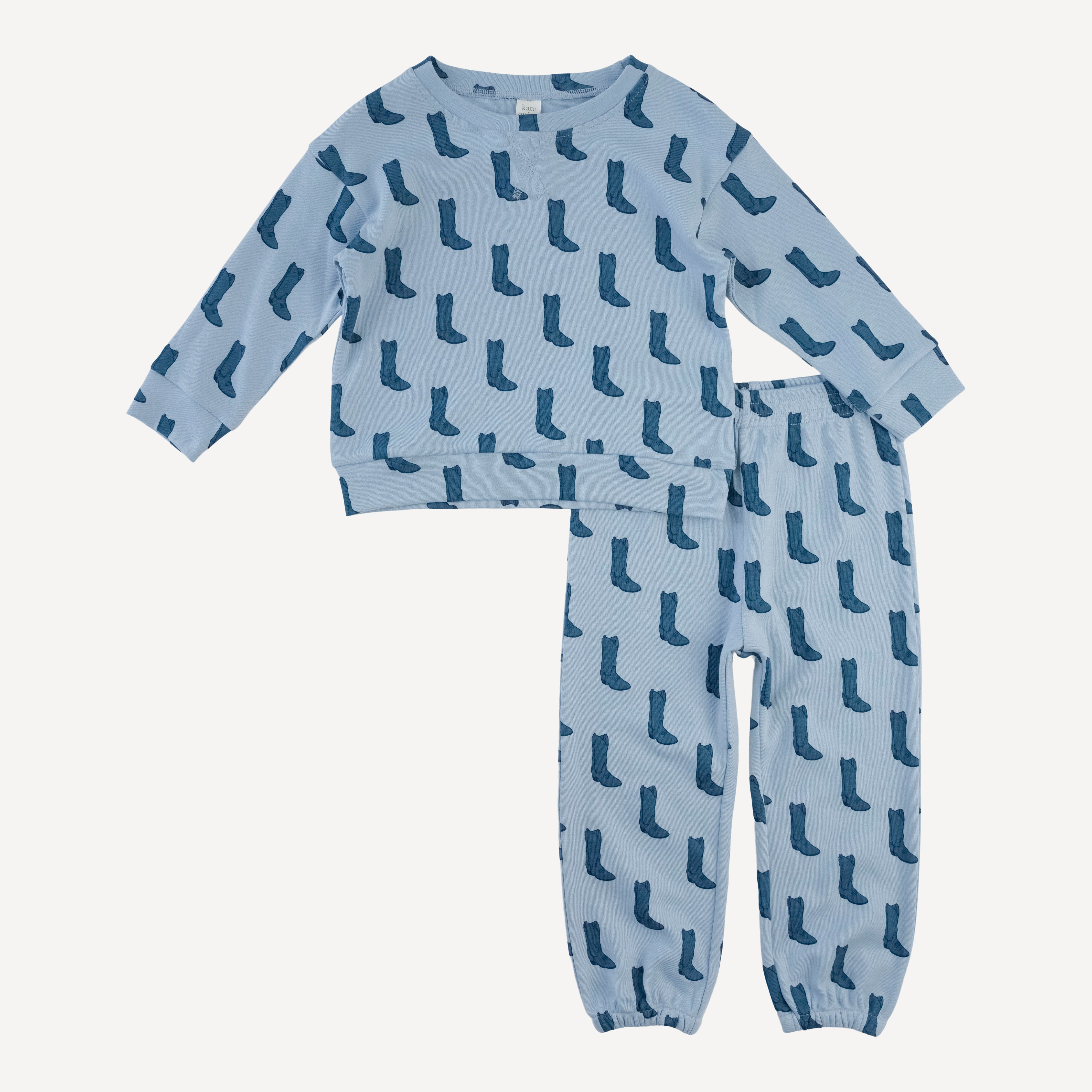 long sleeve relaxed jogger set | blue cowboy boot | organic cotton interlock