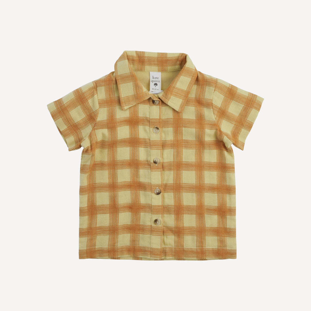short sleeve button down shirt | brown plaid | organic cotton gauze