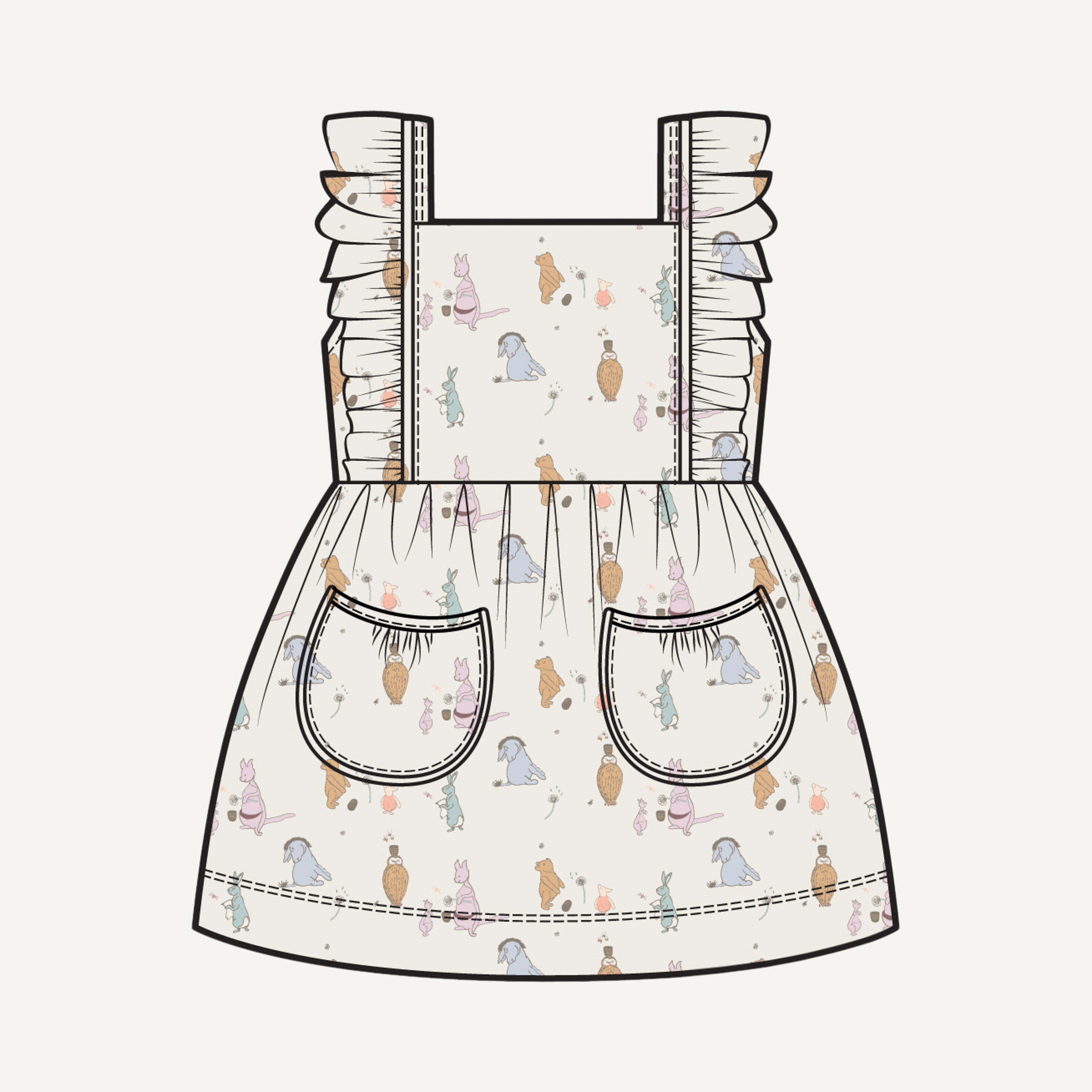 PRESALE piped flutter pinafore pocket dress coconut pooh + friends