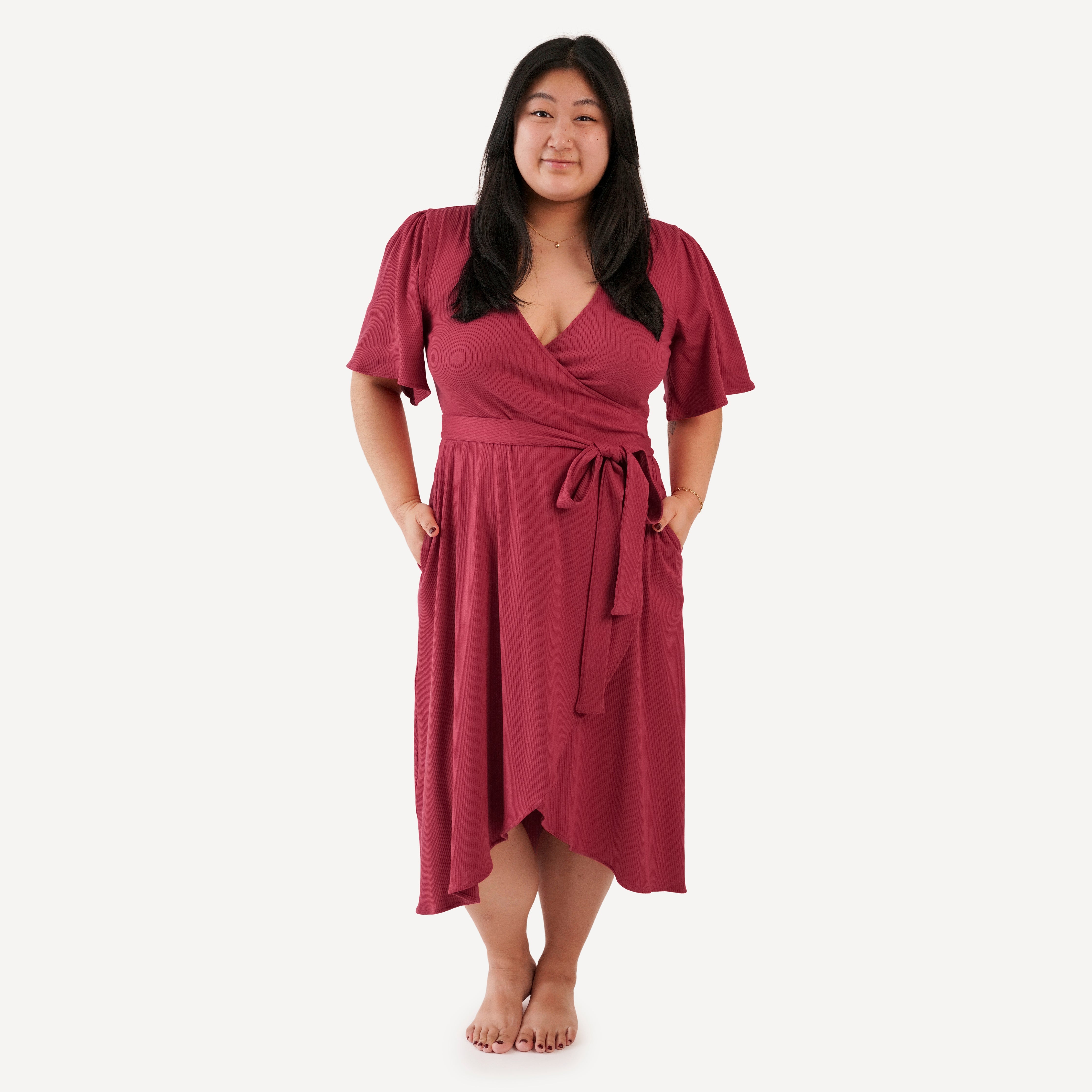 point sur flutter sleeve midi dress in printed cotton voile womens wrap | cardinal Floral print Sleeveless Satin Cowl Neck, filter-size: 8 side seam pockets US Size - Made To Order:16W