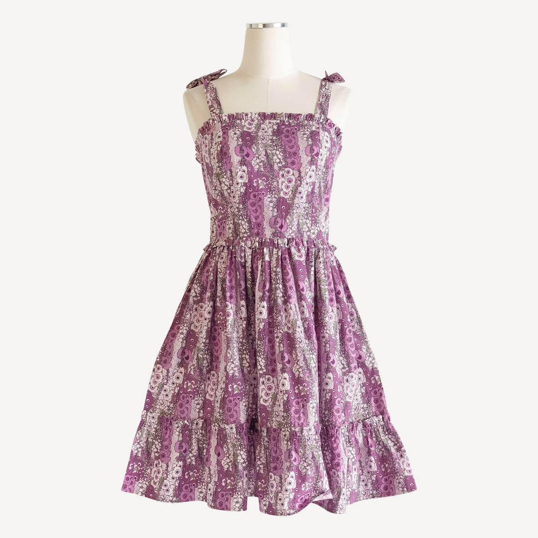 womens spaghetti tie ruffle dress | violet hollyhock | organic cotton mid-weight woven