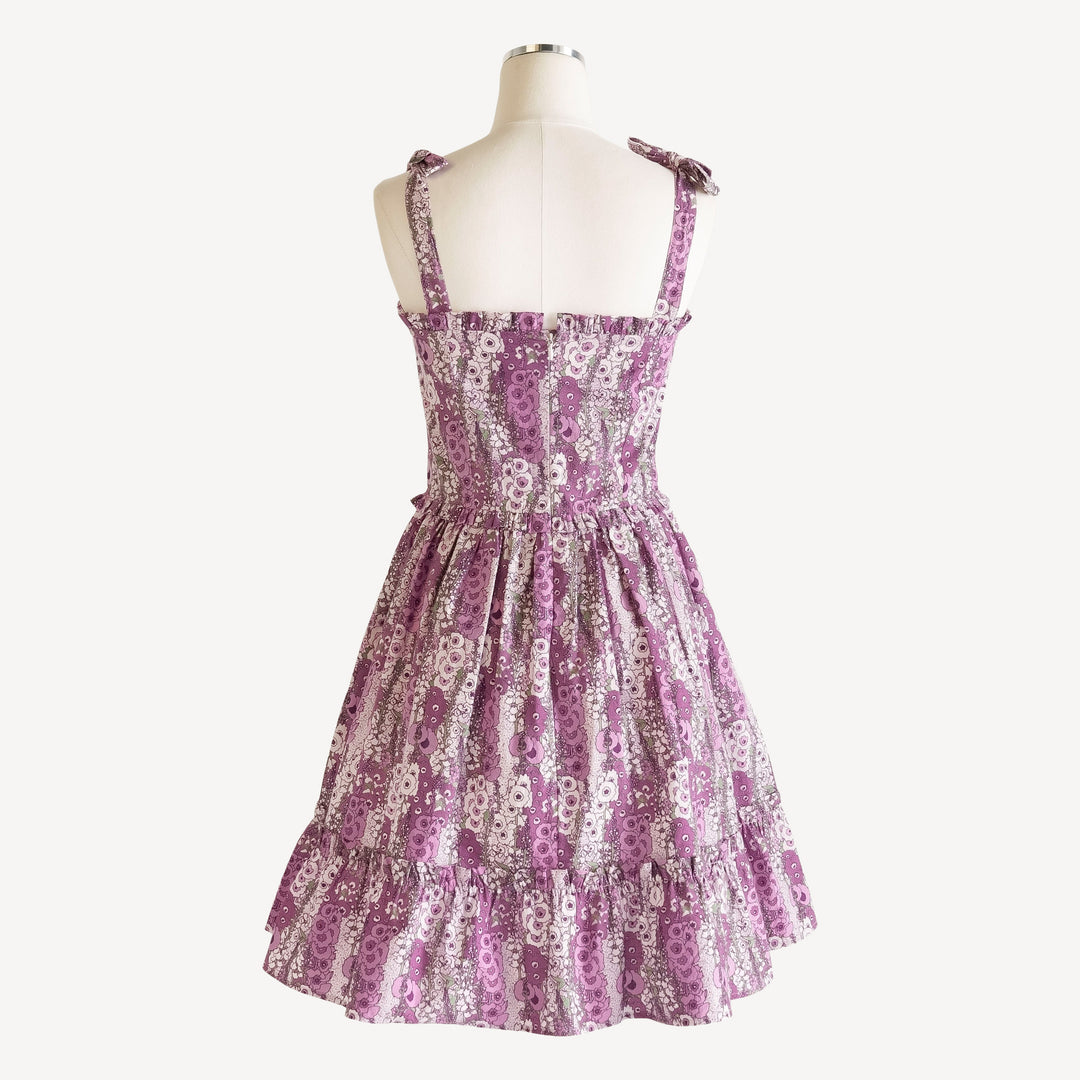 womens spaghetti tie ruffle dress | violet hollyhock | organic cotton mid-weight woven