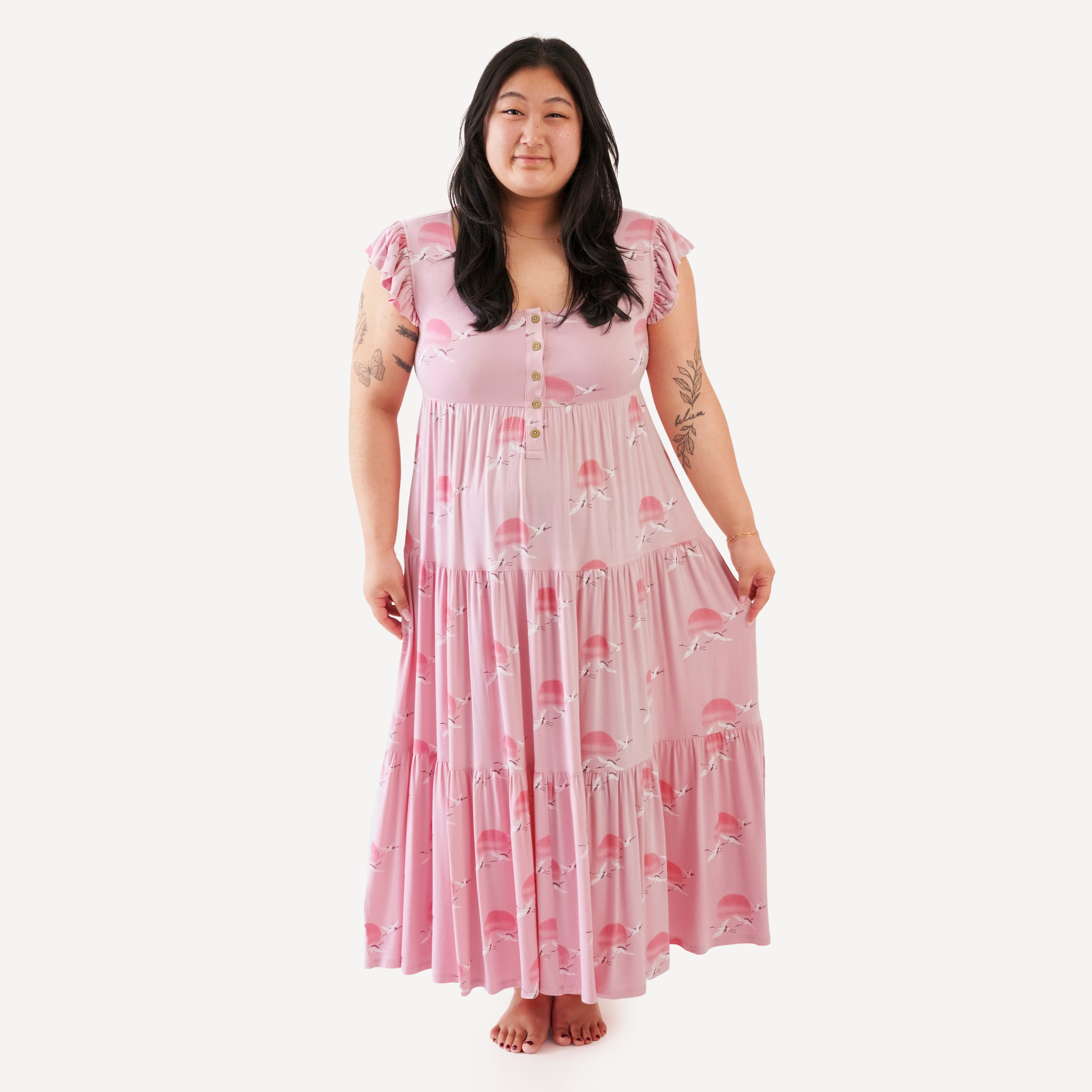 womens sleeveless ruffle prairie dress | pink crane | modal – kate