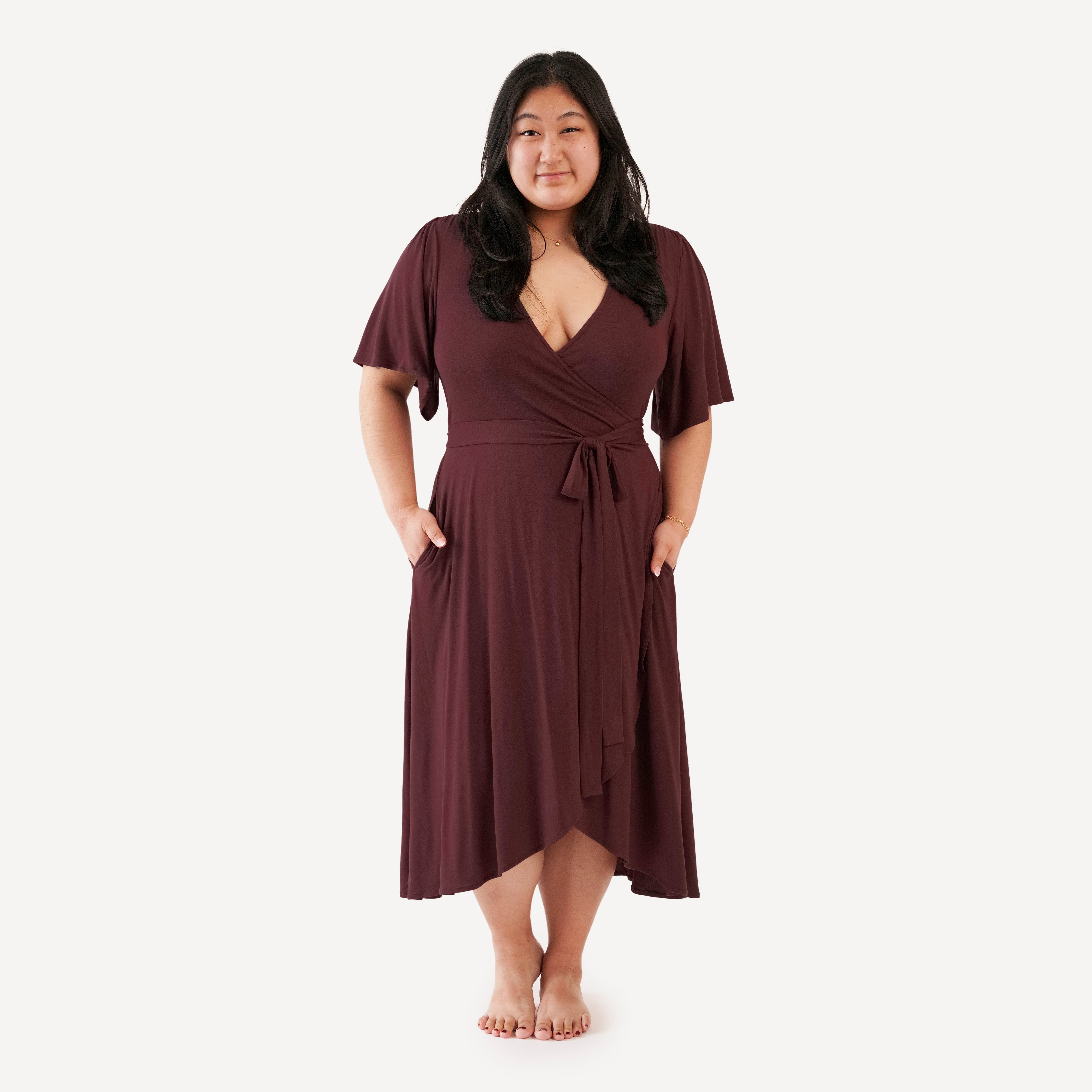 womens flutter sleeve wrap dress | mahogany