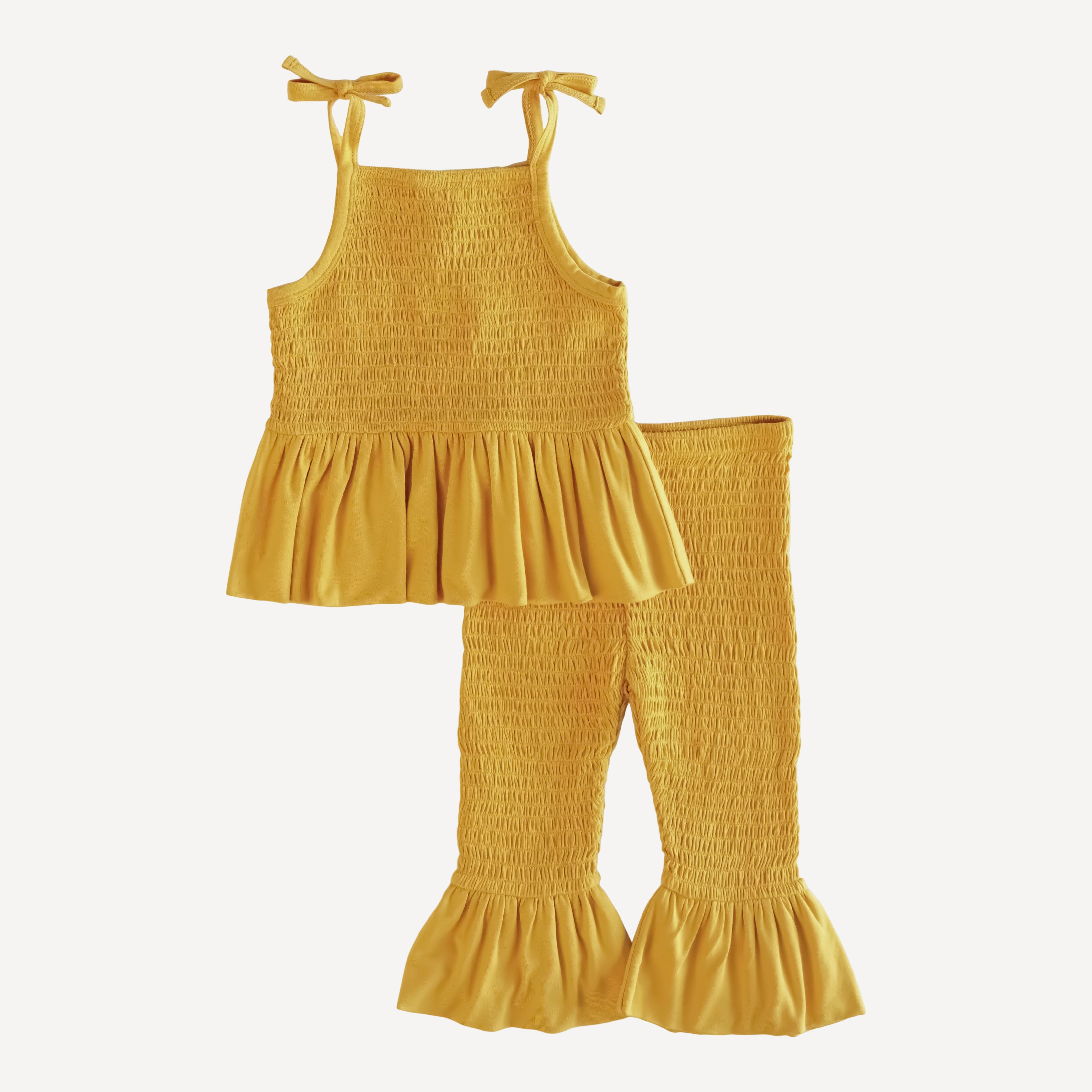 spaghetti tie smocked ruffle top and smocked pant set golden sun b