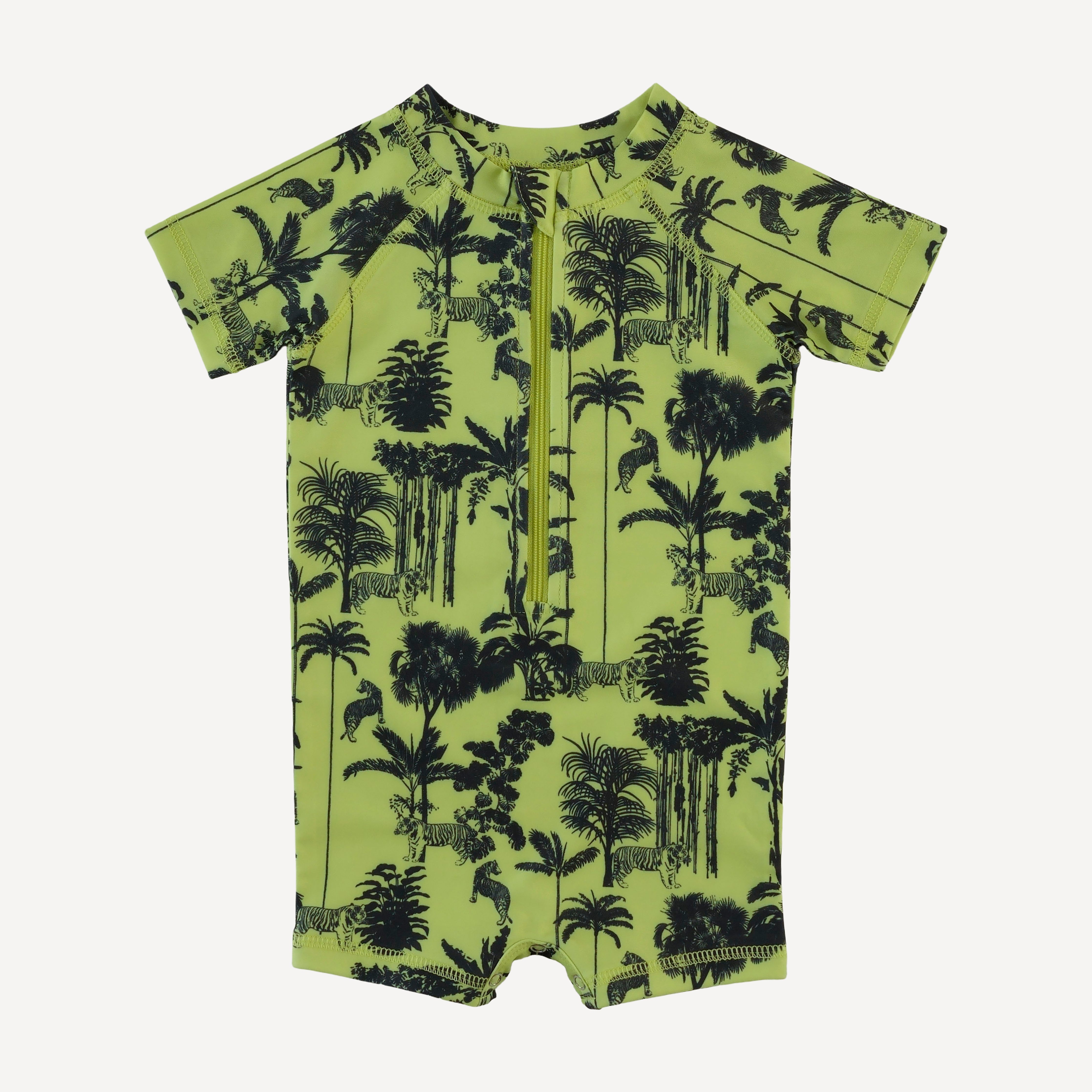 short sleeve zip front rash guard shortie | lime jungle | swim