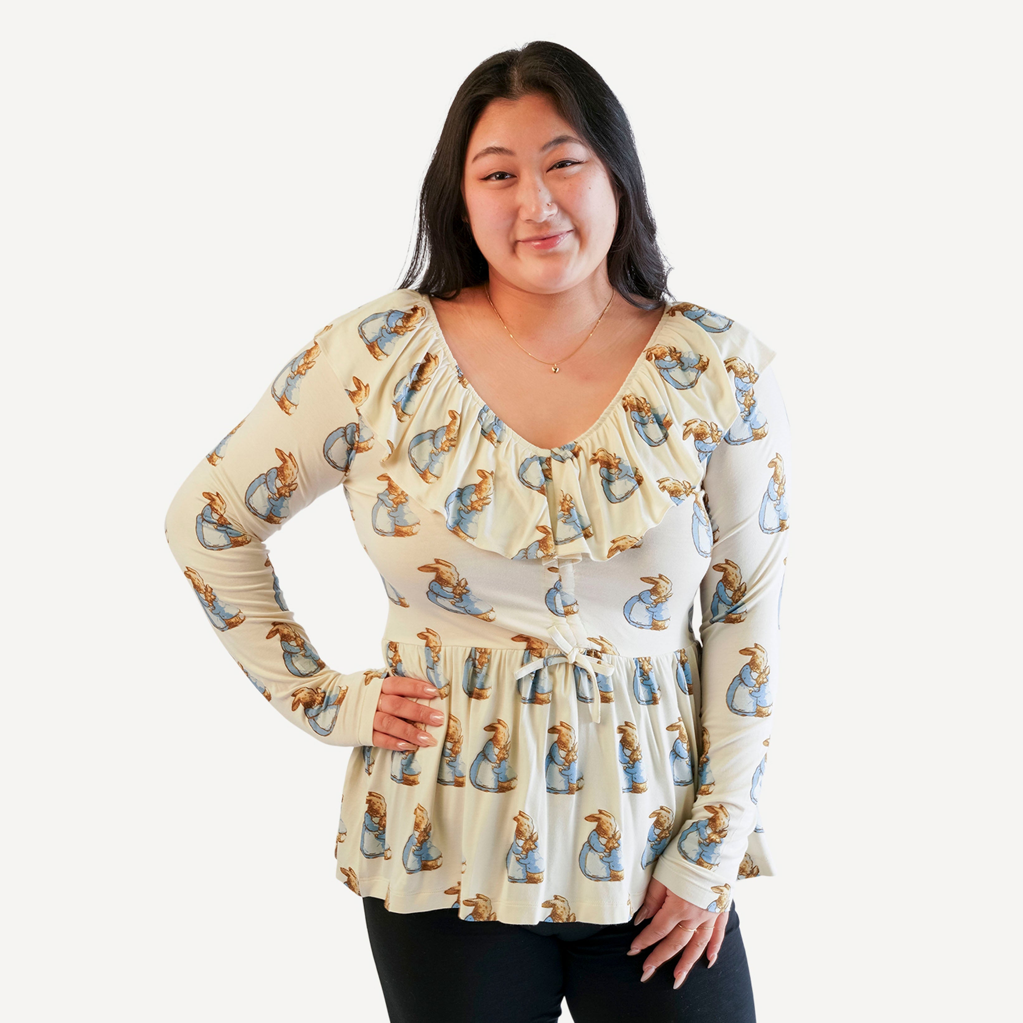womens long sleeve v-neck ruffle top | peter rabbit & mom womens long sleeve v-neck ruffle top | peter rabbit & mom