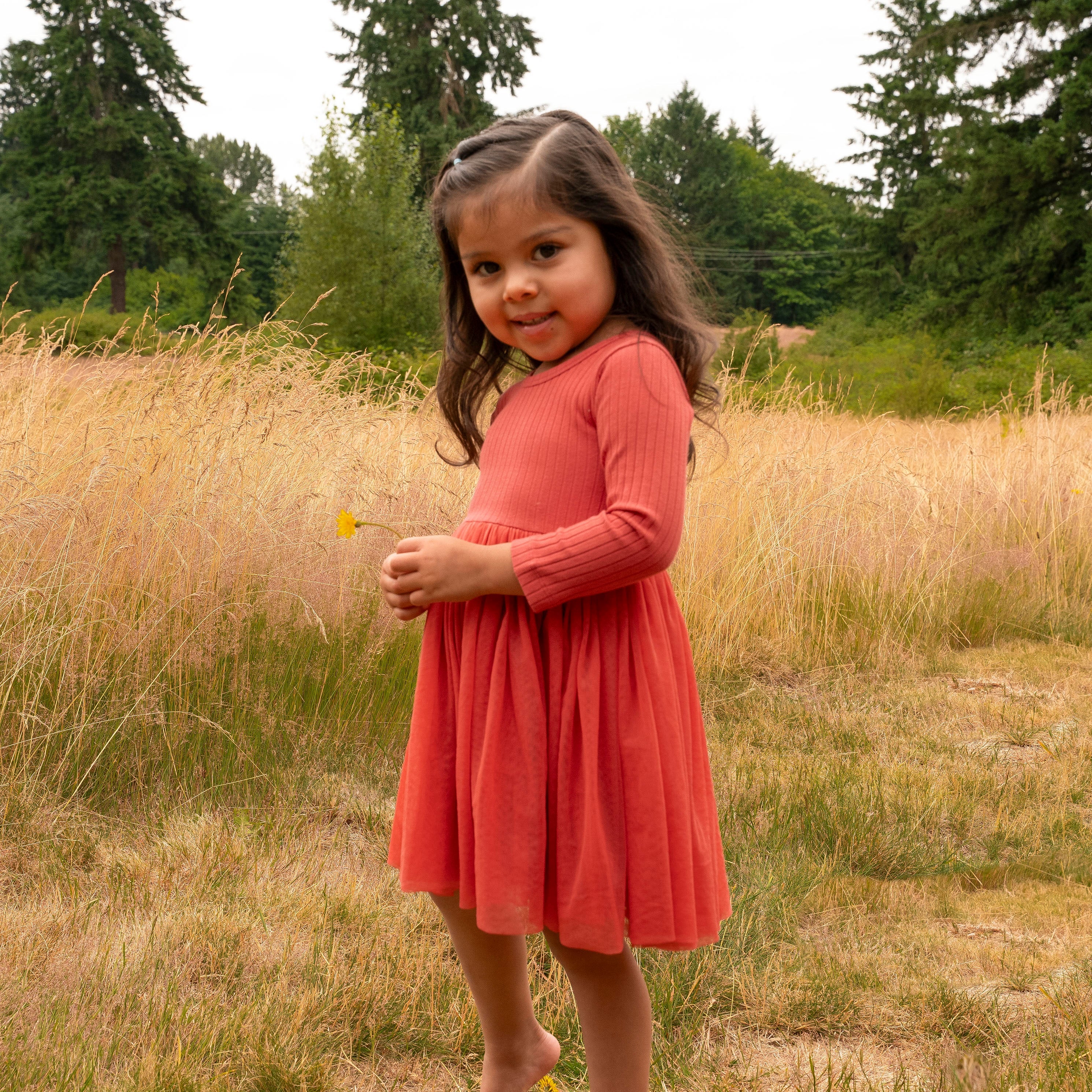 long sleeve ballerina tulle dress | earthen red | organic cotton wide rib