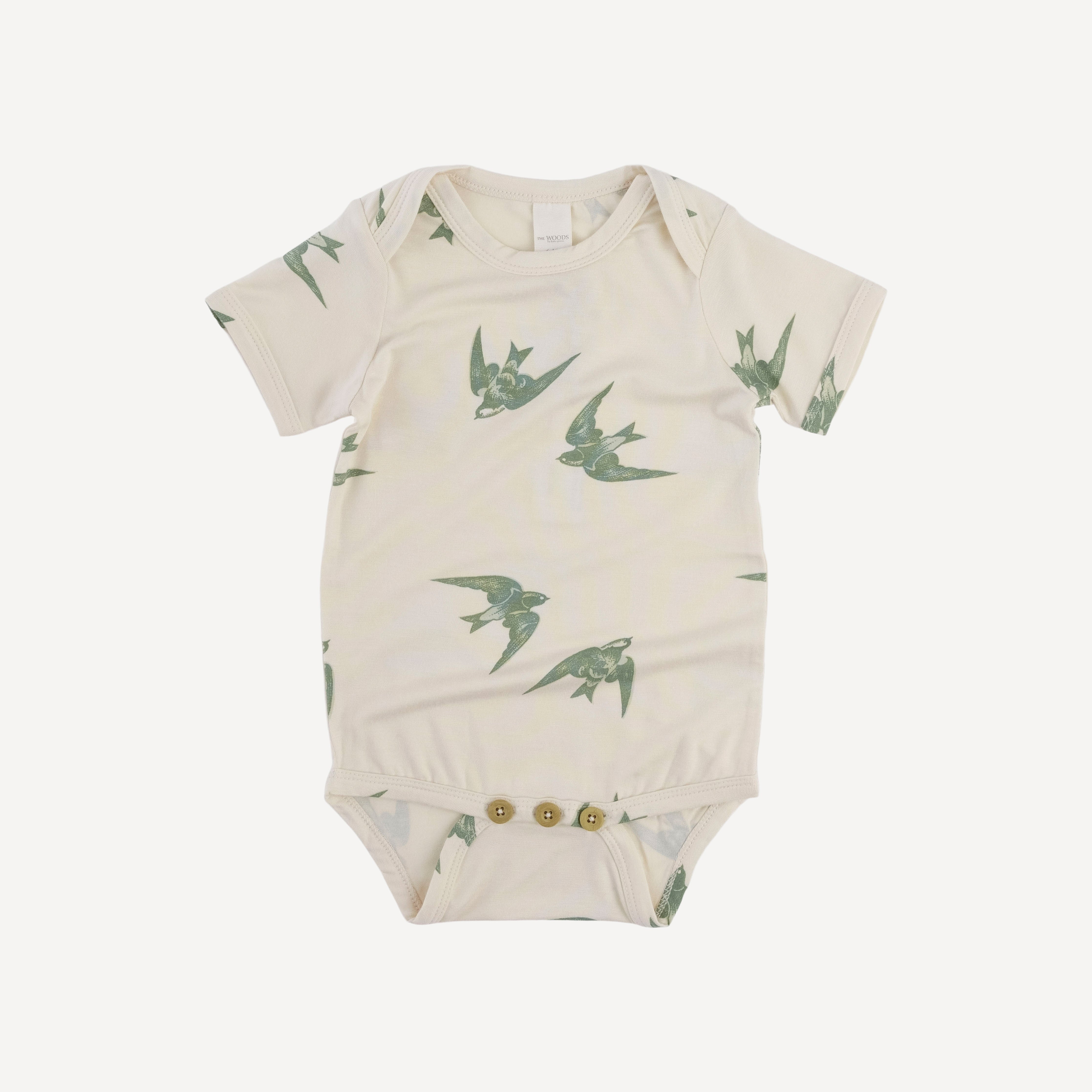 short sleeve lap neck bodysuit | green birds | modal