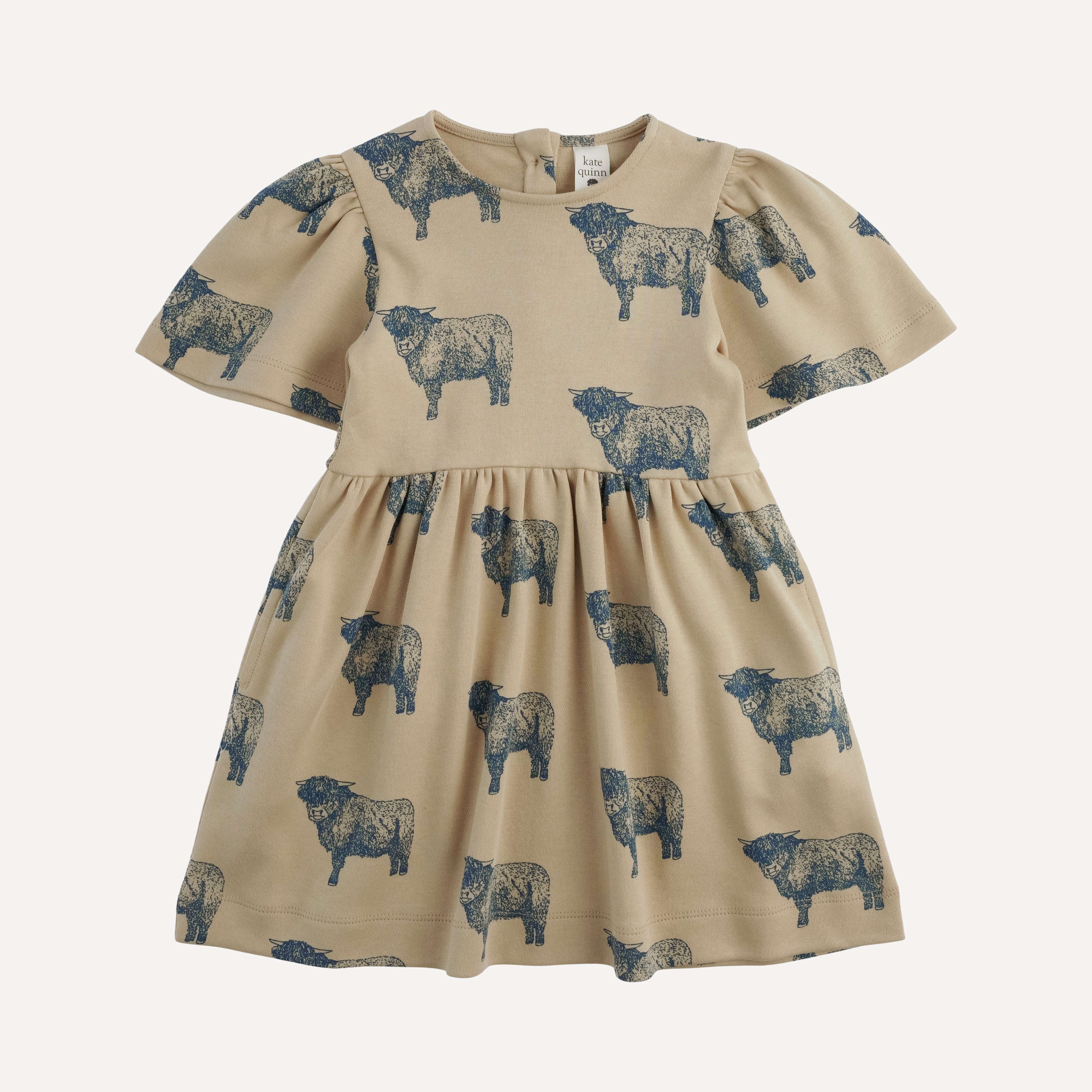 bell sleeve gathered dress | highland cow | organic cotton interlock