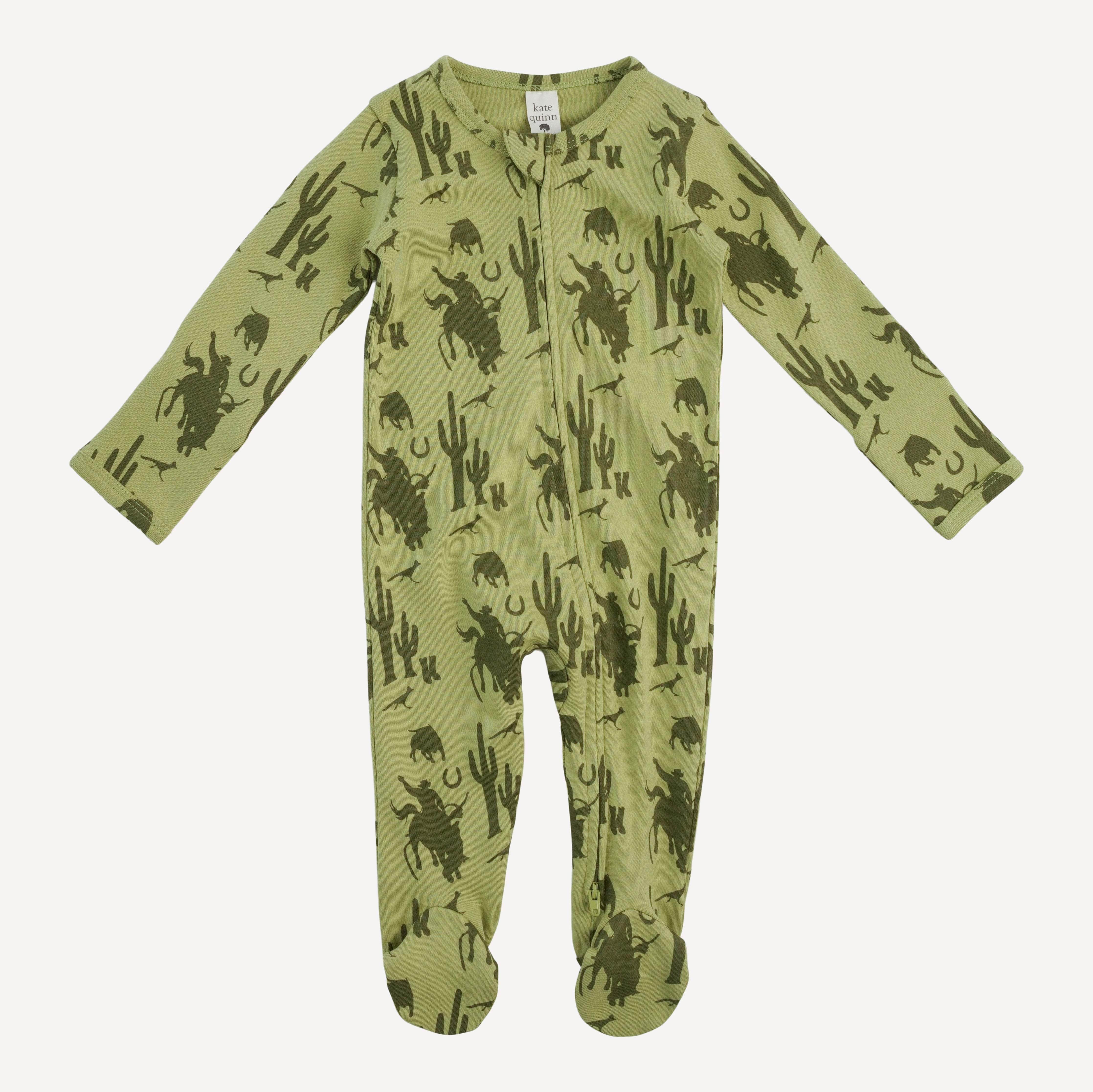long sleeve two way zipper footie | olive cowboy | organic cotton interlock