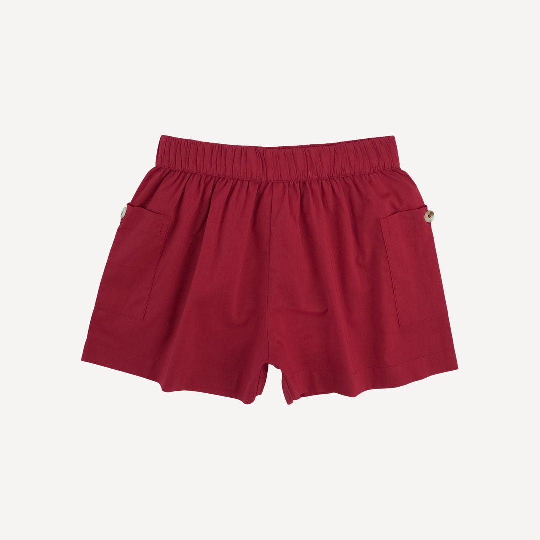 gathered bubble pocket short | red violet | organic cotton woven