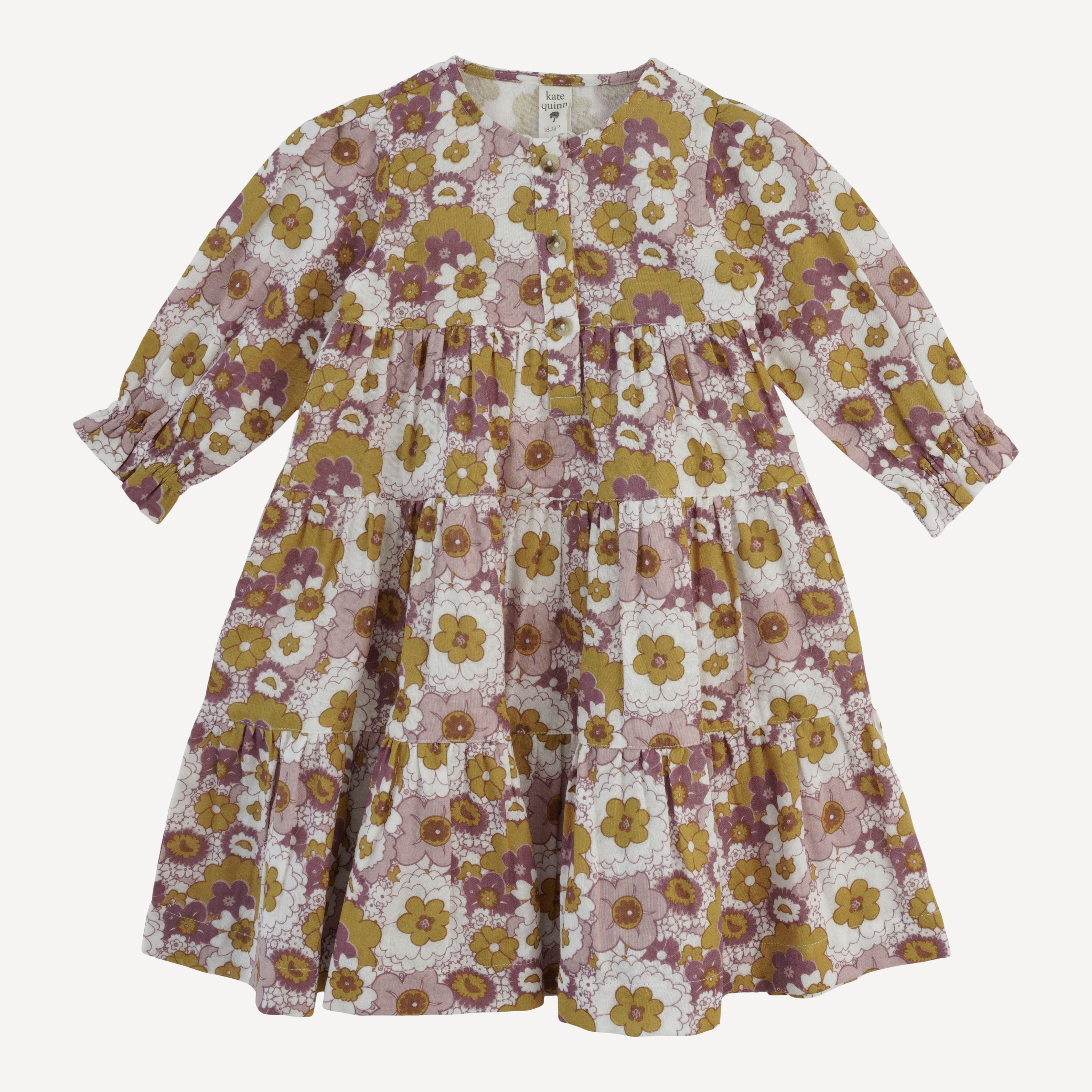 long sleeve prairie dress violet mid-century floral organic