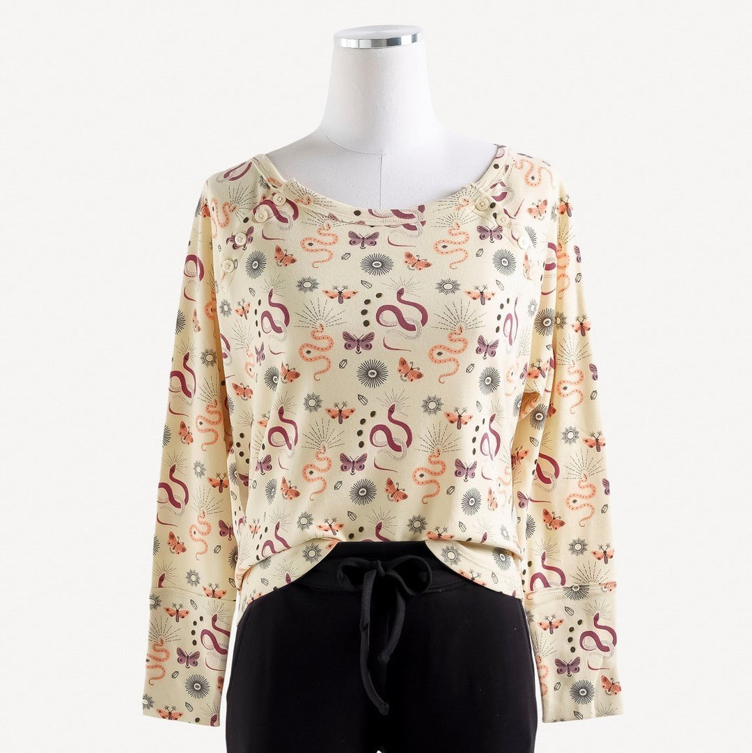 womens long sleeve relaxed raglan top | mystic | raw edge organic cotton