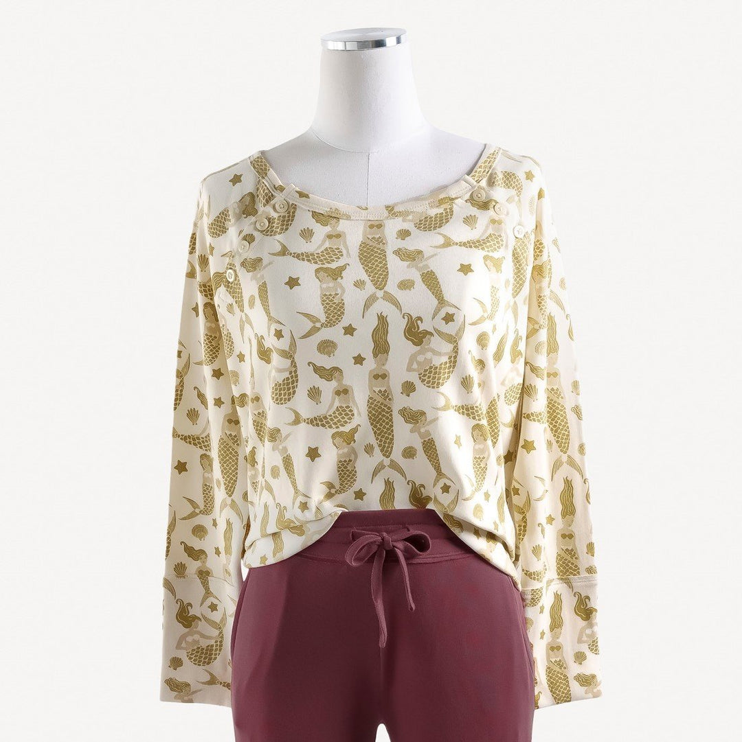 womens long sleeve relaxed raglan top | mermaids | raw edge organic cotton