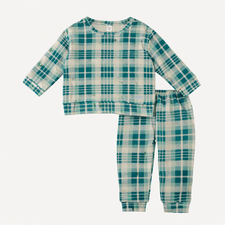 long sleeve cuffed jogger set | balsam plaid | organic cotton jersey