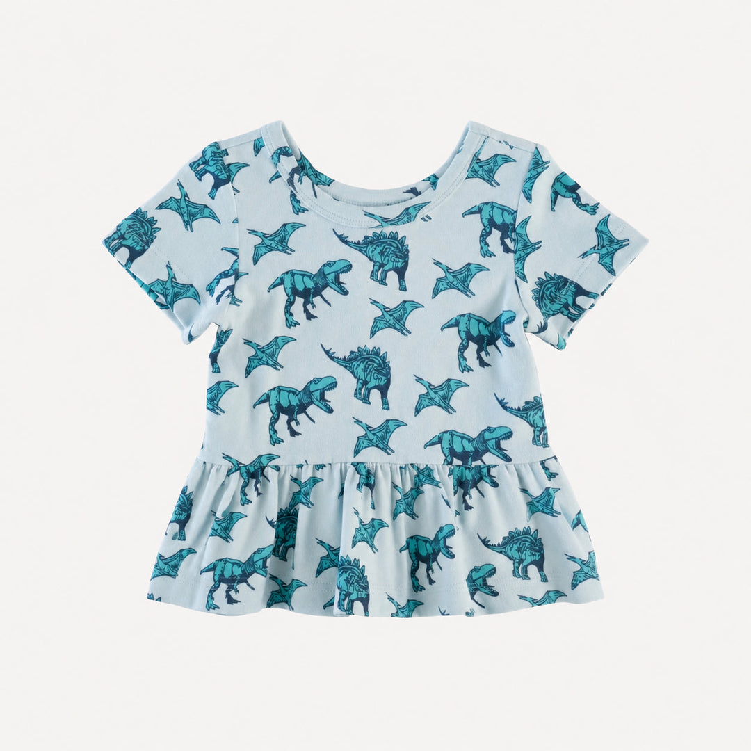PREORDER short sleeve hazel twirl top | aqua dinosaur | organic cotton interlock