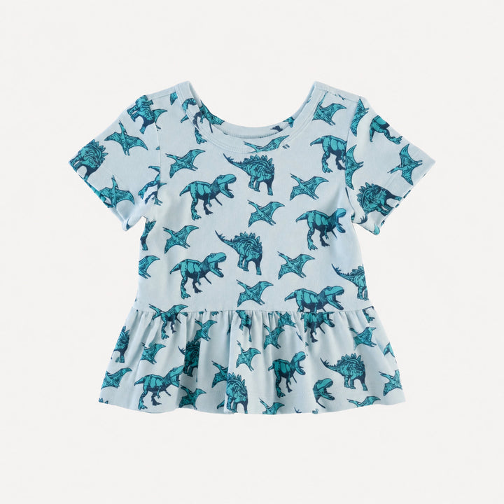 PREORDER short sleeve hazel twirl top | aqua dinosaur | organic cotton interlock