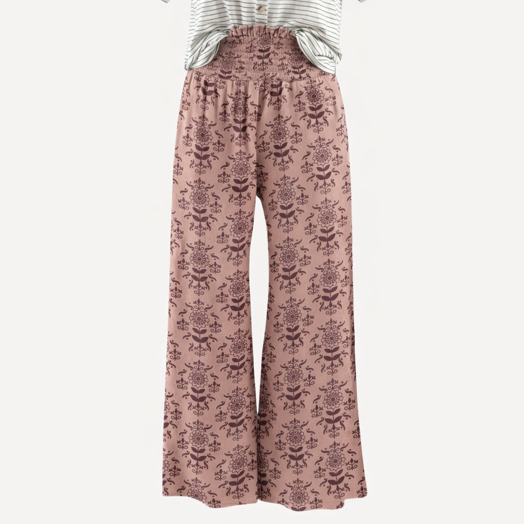 womens smocked gaucho pants | rose folk wallpaper | organic cotton jersey