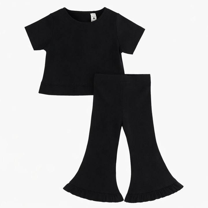 short sleeve cropped ruffle tee + flare pant set | black | organic cotton wide rib
