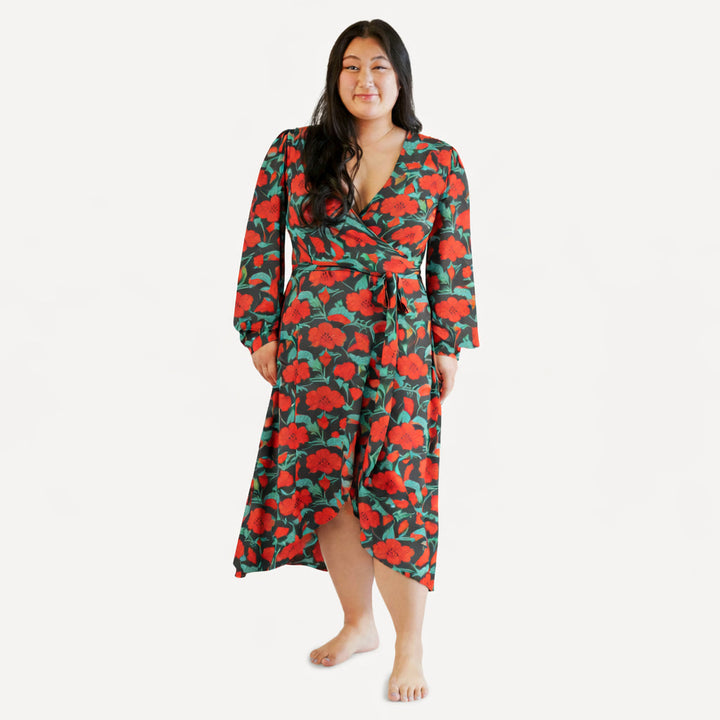 womens balloon sleeve midi wrap dress | poppy | organic cotton jersey