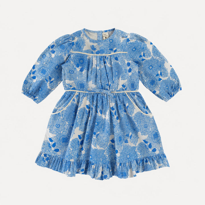 PREORDER long sleeve gathered tie waist dress | blue vintage floral | bamboo