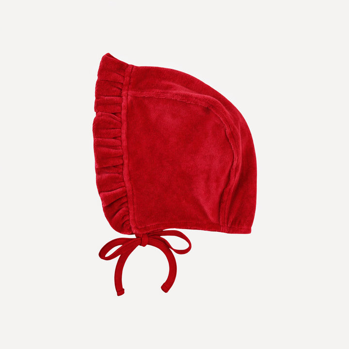 small ruffle bonnet | rococco red | organic cotton velour