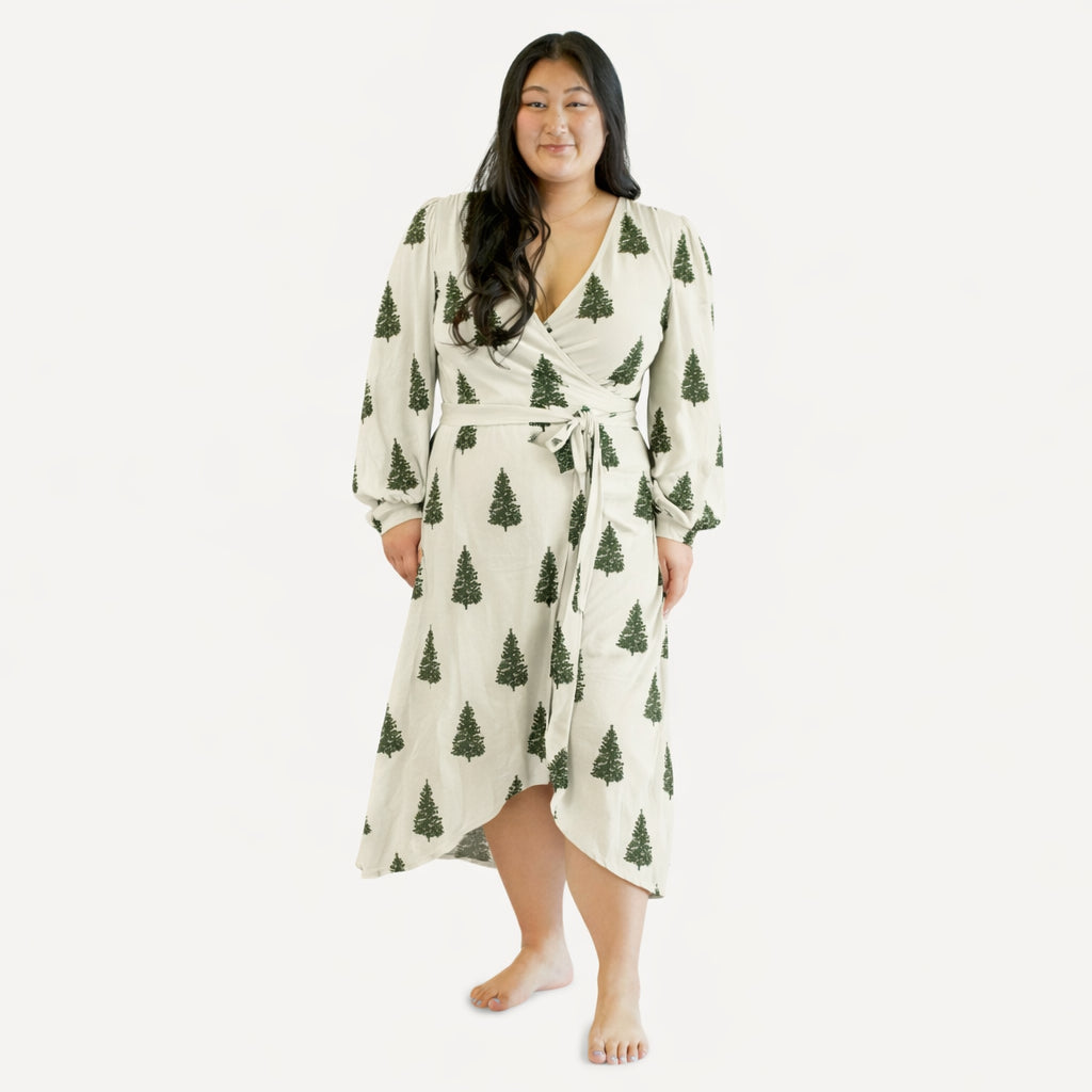 womens balloon sleeve midi wrap dress | forest pine | organic cotton flat rib