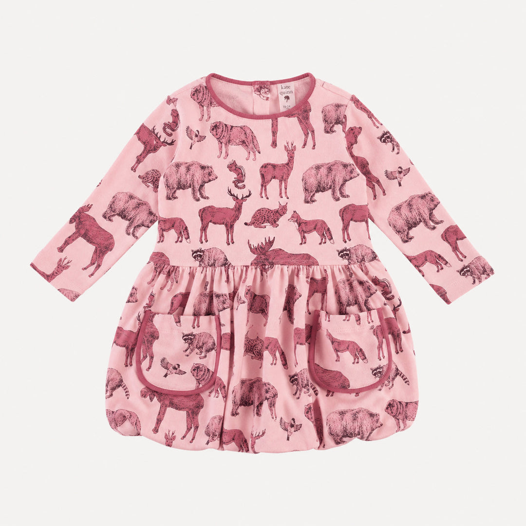 PREORDER long sleeve ida dress | pink forest animals | organic cotton interlock