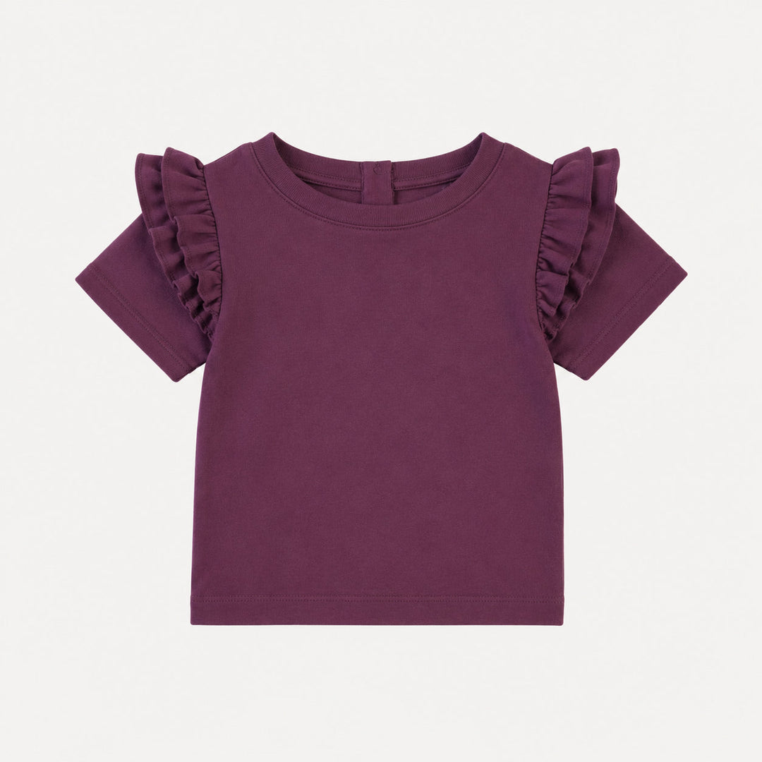 PREORDER short sleeve double ruffle shoulder top | deep purple | organic cotton interlock