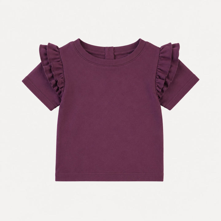 PREORDER short sleeve double ruffle shoulder top | deep purple | organic cotton interlock