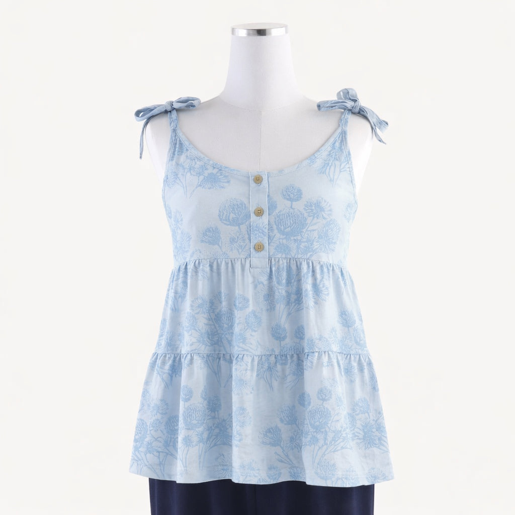 womens spaghetti tie prairie top | blue dahlia | organic cotton jersey