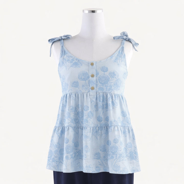 womens spaghetti tie prairie top | blue dahlia | organic cotton jersey