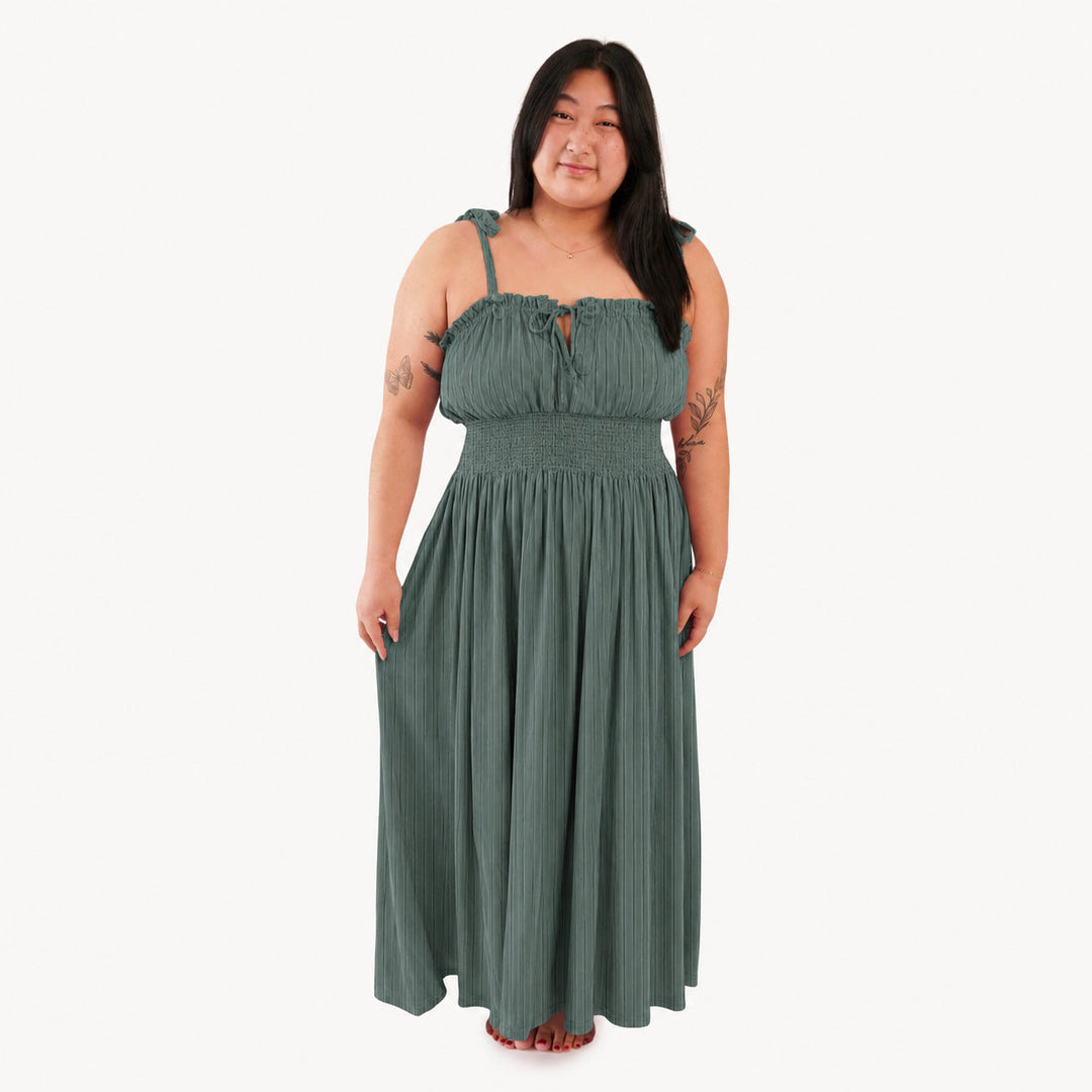 PREORDER womens spaghetti tie winnie dress | forest | woods rib
