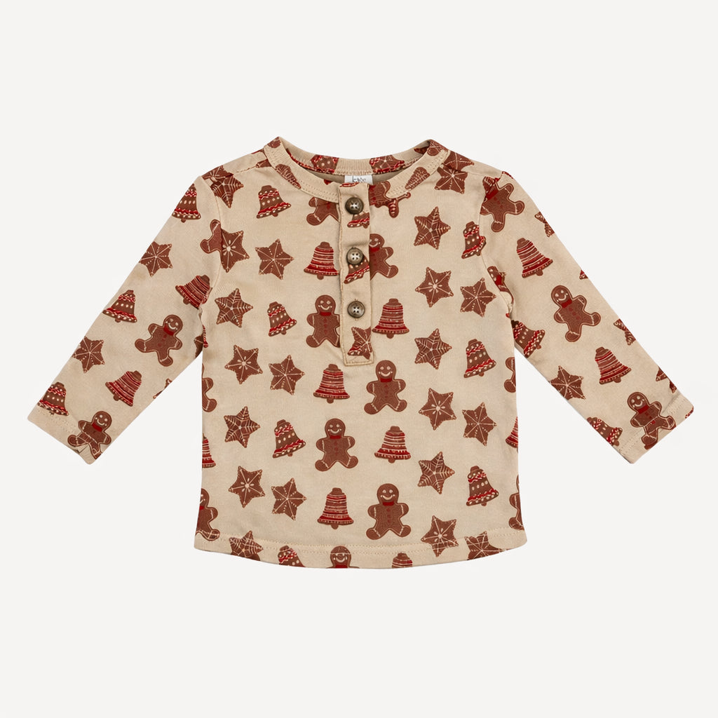 long sleeve basic henley tee | gingerbread cookies | organic cotton flat rib
