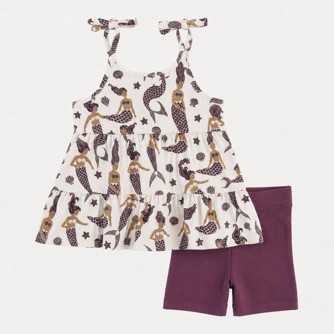 PREORDER spaghetti tie prairie top + bike short set | purple mermaids | organic cotton interlock
