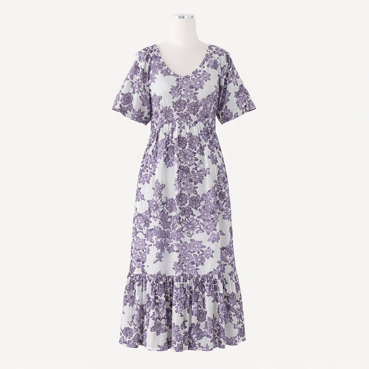 womens flutter sleeve smocked midi dress | lavender wildflower | organic cotton gauze