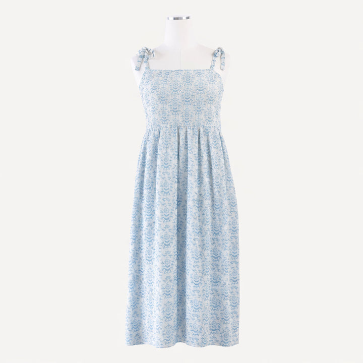 womens spaghetti tie smocked dress | cornflower folk wallpaper | organic cotton gauze