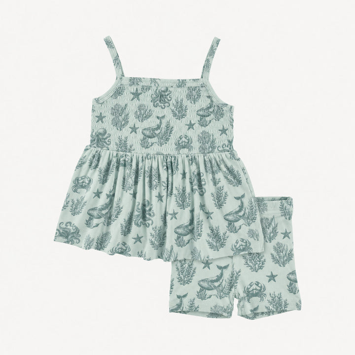 PREORDER spaghetti tie smocked ruffle top and bike short set | nautical toile | modal