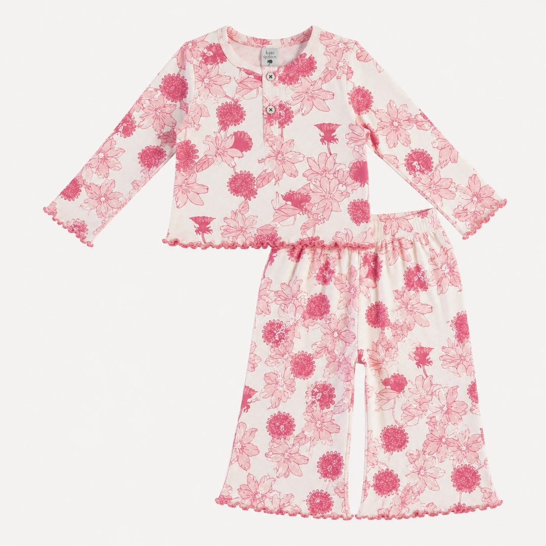 PREORDER long sleeve henley jade set | pink retro floral | organic cotton interlock