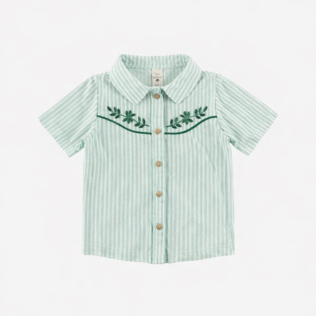 short sleeve embroidered cowboy shirt | forest pinstripes | organic cotton jersey