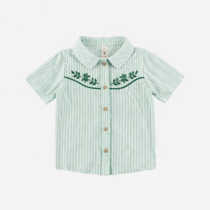 short sleeve embroidered cowboy shirt | forest pinstripes | organic cotton jersey