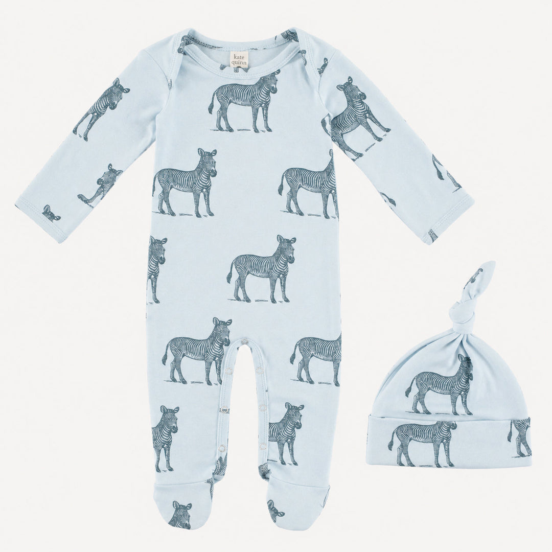 PREORDER footie + knot hat set | blue zebra | bamboo
