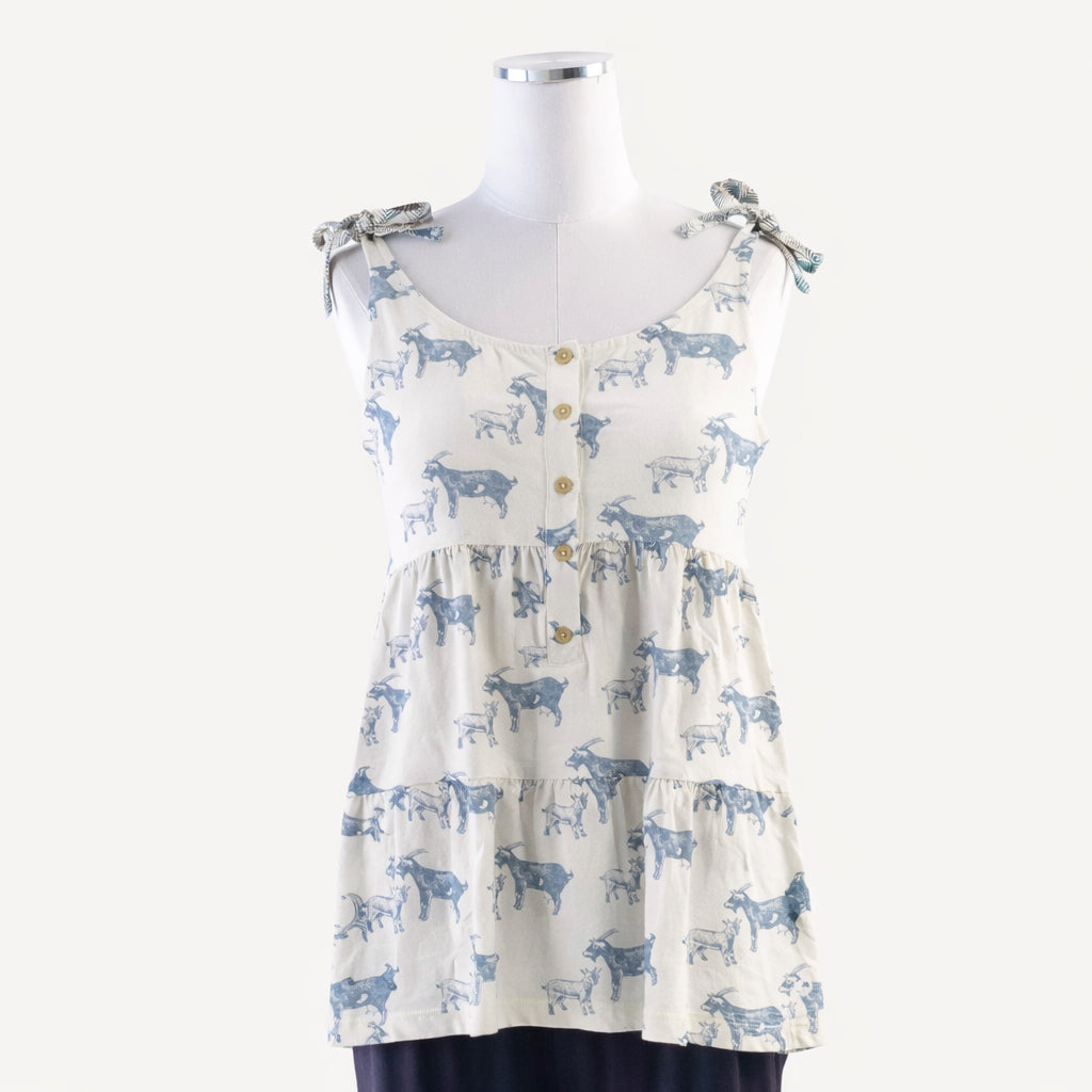 womens spaghetti tie prairie top | goats | organic cotton interlock