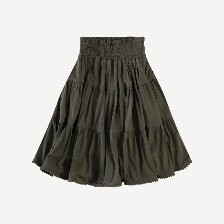 smocked tiered pom pom maxi skirt | beluga | bamboo