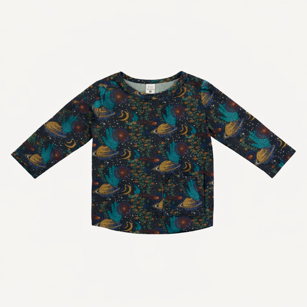 long sleeve pocket boxy tee | mystical planets | organic cotton interlock