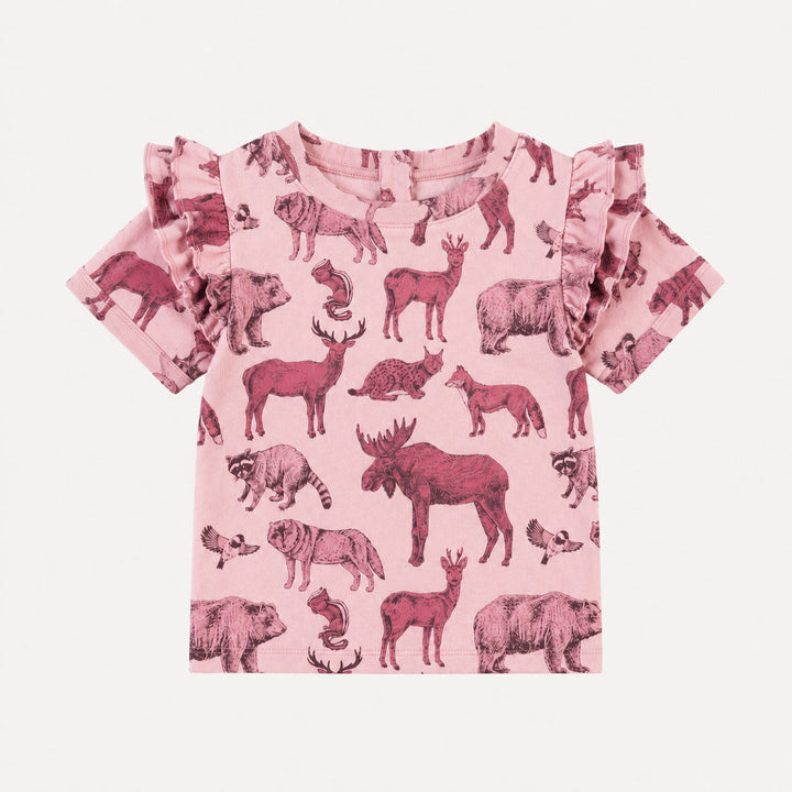 PREORDER short sleeve double ruffle shoulder top | pink forest animals | organic cotton interlock